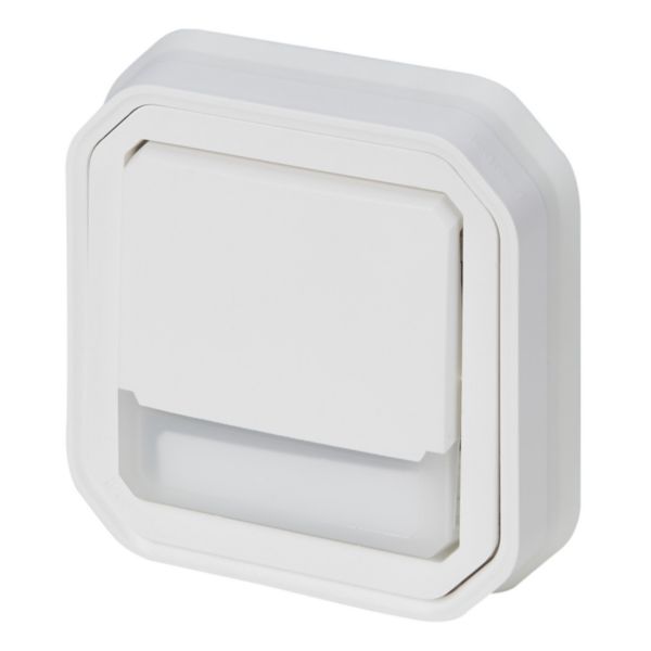 Poussoir inverseur lumineux étanche avec porte-étiquette Plexo livré complet pour montage en encastré avec griffes blanc