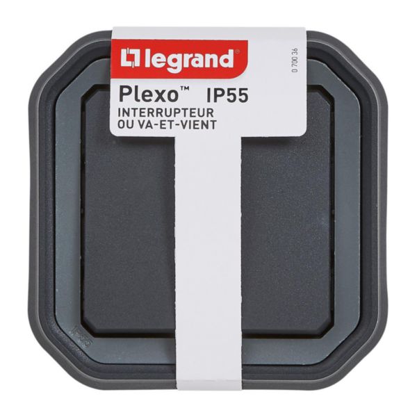 Interrupteur ou va-et-vient étanche Plexo 10A livré complet pour montage en encastré avec griffes anthracite