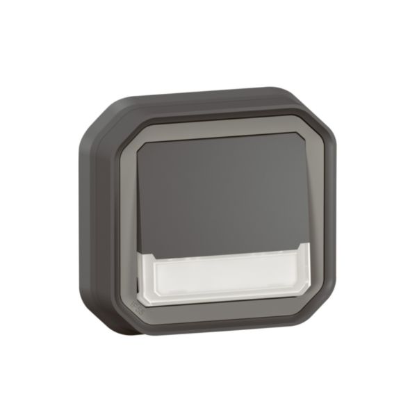 Poussoir inverseur lumineux étanche avec porte-étiquette Plexo complet pour montage en encastré avec griffes anthracite