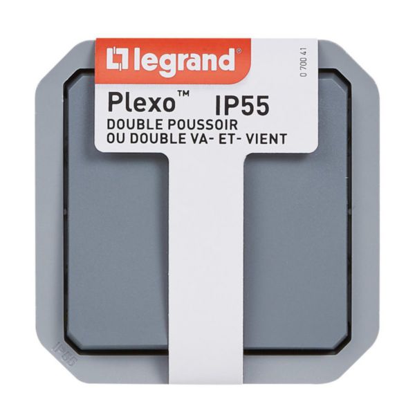 Commande pour fonction double interrupteur ou va-et-vient 10A ou poussoir 10A étanche Plexo finition gris