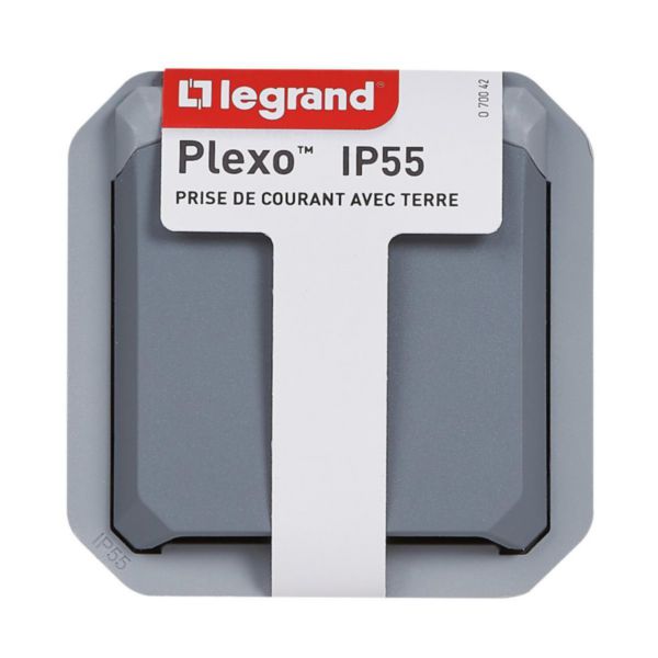 Prise de courant avec terre étanche avec volet Plexo 16A 250V à équiper d'un boitier ou une plaque support finition gris