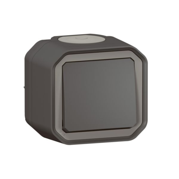 Poussoir simple étanche Plexo 10A livré complet pour montage en apparent anthracite