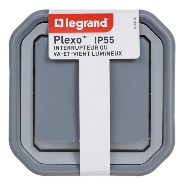 Interrupteur ou va-et-vient lumineux étanche Plexo 10A livré complet pour montage en encastré avec griffes gris