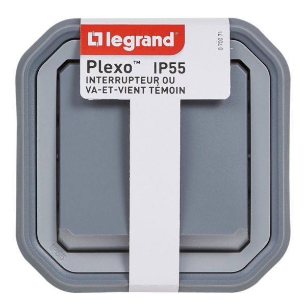 Interrupteur ou va-et-vient témoin étanche Plexo 10A livré complet pour montage en encastré avec griffes gris
