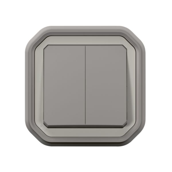 Commande pour fonction double interrupteur ou va-et-vient 10A ou poussoir 10A étanche Plexo complet pour montage en encastré - Gris