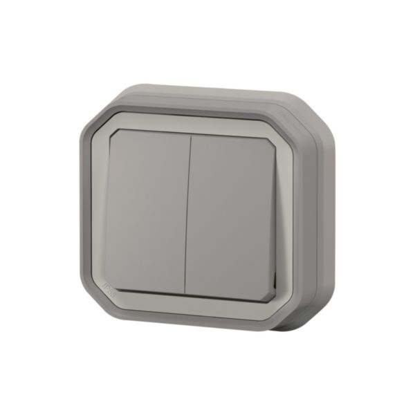 Commande pour fonction double interrupteur ou va-et-vient 10A ou poussoir 10A étanche Plexo complet pour montage en encastré - Gris