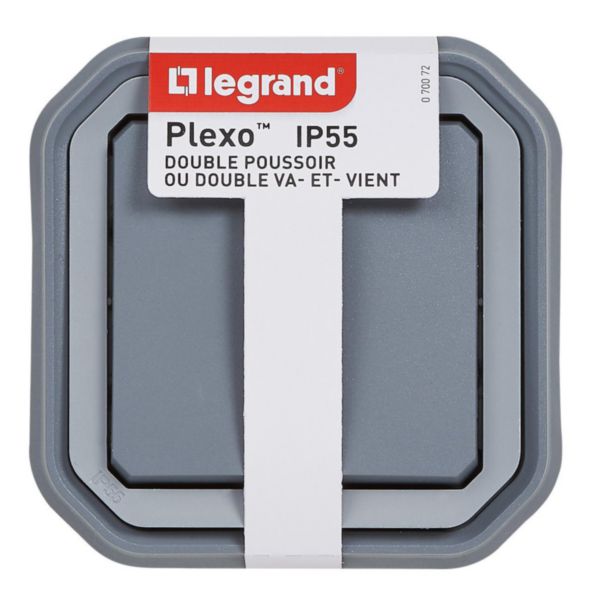 Commande pour fonction double interrupteur ou va-et-vient 10A ou poussoir 10A étanche Plexo complet pour montage en encastré - Gris