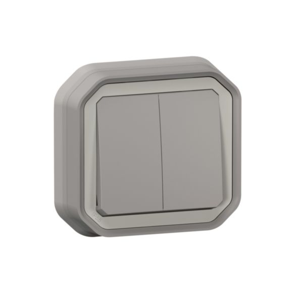 Commande pour fonction double interrupteur ou va-et-vient 10A ou poussoir 10A étanche Plexo complet pour montage en encastré - Gris