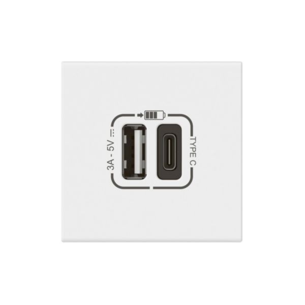 Prise USB Type-A + USB Type-C 3A 5V= 15W Mosaic Link raccordement latéral 2 modules 230V - blanc