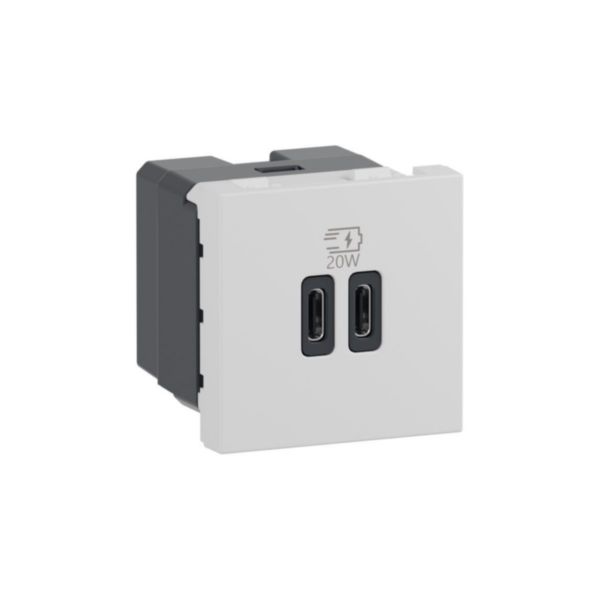 Prise USB Type-C+Type-C 20W Power Delivery Mosaic - 2 modules - Blanc