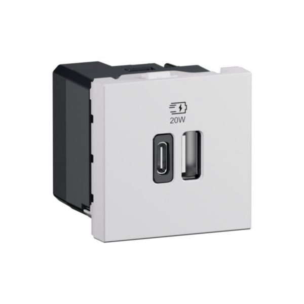 Prise USB Type-A+Type-C 20W Power Delivery Mosaic - 2 modules - Blanc
