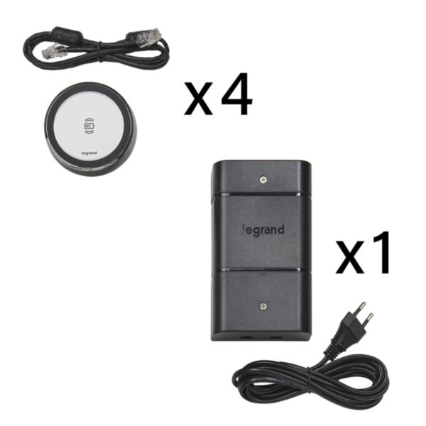 Kit complet 4 chargeurs sans fils à induction 15W avec alimentation pour mobilier, avec fiche 2P Euro - aluminium