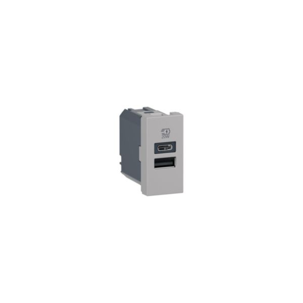 Prise USB Type-A+Type-C 20W Power Delivery Mosaic - 1 module - Aluminium