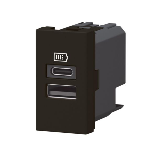 Prise USB Type-A+Type-C Mosaic 3A 15W pour boite de sol, bloc bureau et goulotte - 1 module noir mat