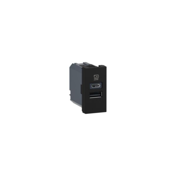 Prise USB Type-A+Type-C 20W Power Delivery Mosaic - 1 module - Noir