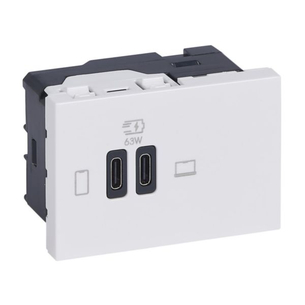 Prise double USB Mosaic Type-C 63W Power Delivery 3 modules - blanc 