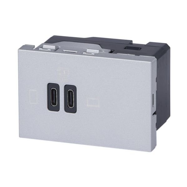 Prise double USB Mosaic Type-C 63W Power Delivery 3 modules - aluminium 