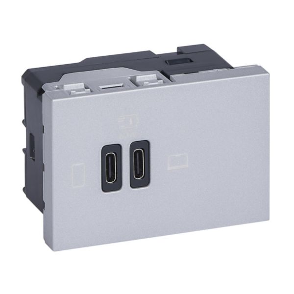 Prise double USB Mosaic Type-C 63W Power Delivery 3 modules - aluminium 