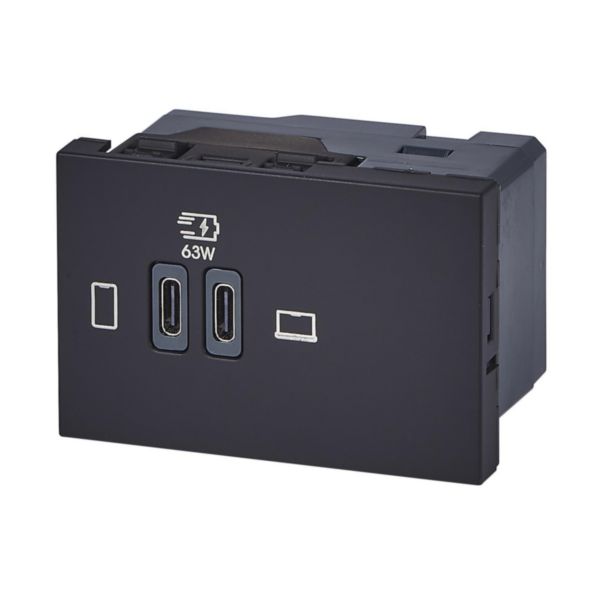 Prise double USB Mosaic Type-C 63W Power Delivery 3 modules - noir mat 
