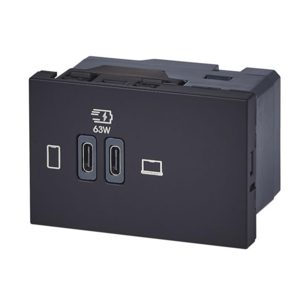 Prise double USB Mosaic Type-C 63W Power Delivery 3 modules - noir mat 