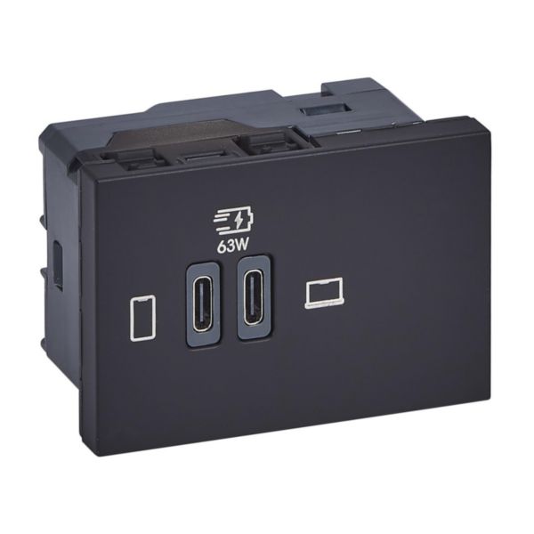 Prise double USB Mosaic Type-C 63W Power Delivery 3 modules - noir mat 