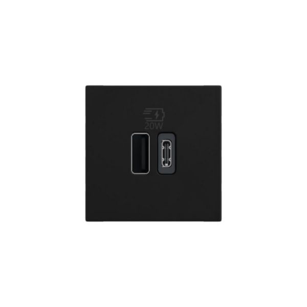 Prise USB Type-A+Type-C 20W Power Delivery Mosaic - 2 modules - Noir Mat