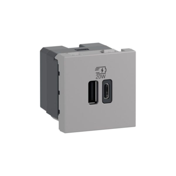 Prise USB Type-A+Type-C 20W Power Delivery Mosaic - 2 modules - Alu
