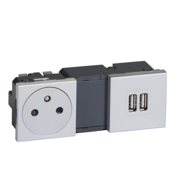 Prise de courant 2P+T Surface + prise 2 USB Type-A 3A 5V= 15W Mosaic 2x2 modules 230V - alu