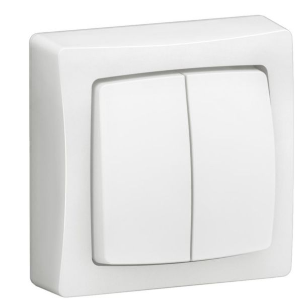 Transformeur double 5 en 1 : interrupteur, va-et-vient ou poussoir double Appareillage Saillie complet blanc - bornes automatiques