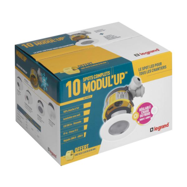 Distributeur de 10 spots à LED dimmable IP44 Modul'up complet 3000K ou 4000K 500lm (lumens) 120° + 1 scie cloche Ø80mm