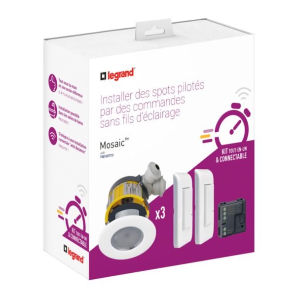 Kit 3 spots à LED dimmable IP44 Modul'up complet + 1 micromodule + 2 commandes Mosaic sans fils - blanc