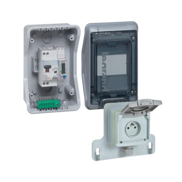 Kit Green'up Access pour véhicule électrique avec coffret équipé et pré-câblé, prise, patère et disjoncteur différentiel