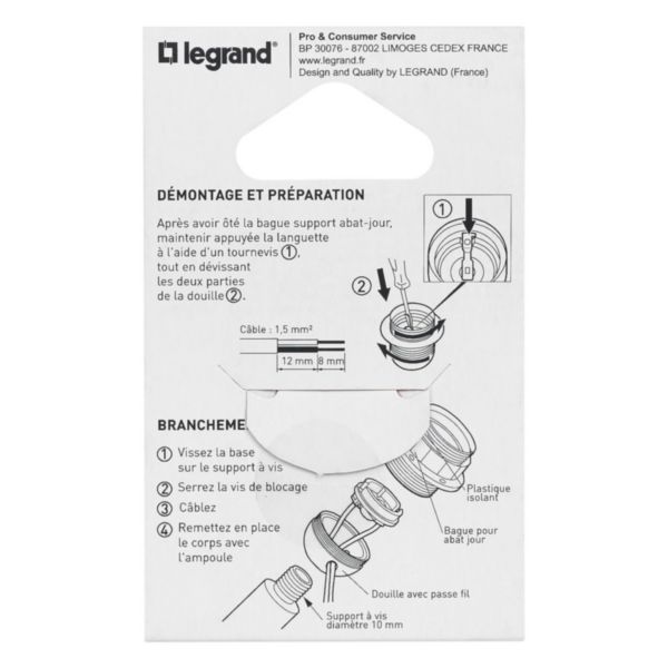 Douille pour ampoule E27 - avec bague -sortie de câble latérale -plastique blanc