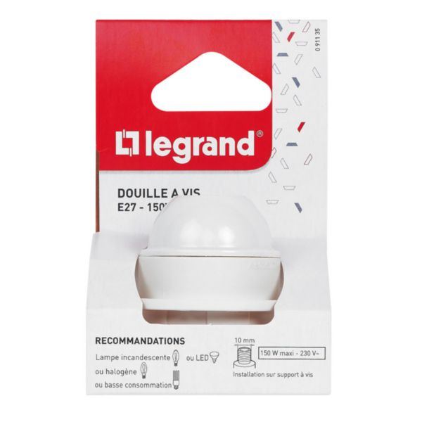 Douille pour ampoule E27 - avec bague -sortie de câble latérale -plastique blanc