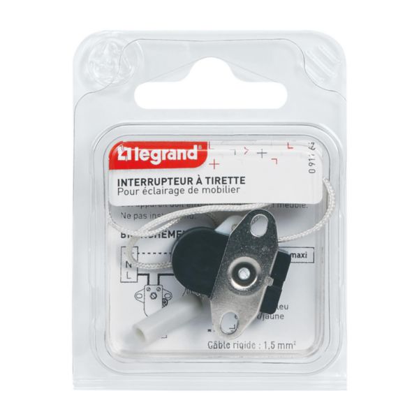Mini-interrupteur 2A 250V~ à tirette avec plaque 2 trous livré sous blister avec Gencod