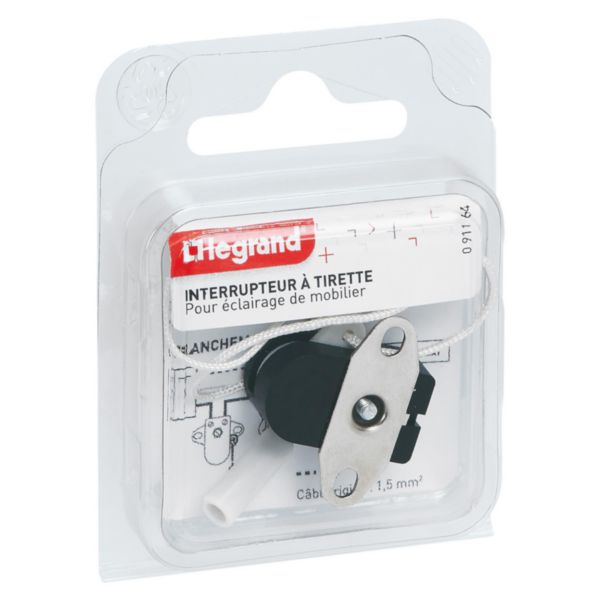 Mini-interrupteur 2A 250V~ à tirette avec plaque 2 trous livré sous blister avec Gencod