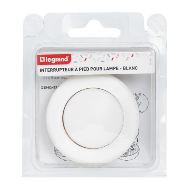 Interrupteur 2A 250V~ avec commande au pied pour lampadaire livré sous blister avec Gencod - blanc