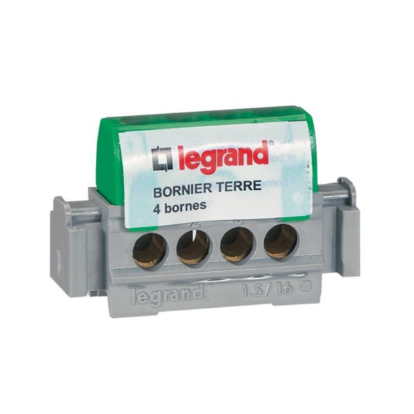 Bornier de terre - 4 bornes pour câble 1,5 à 16 mm² - vert