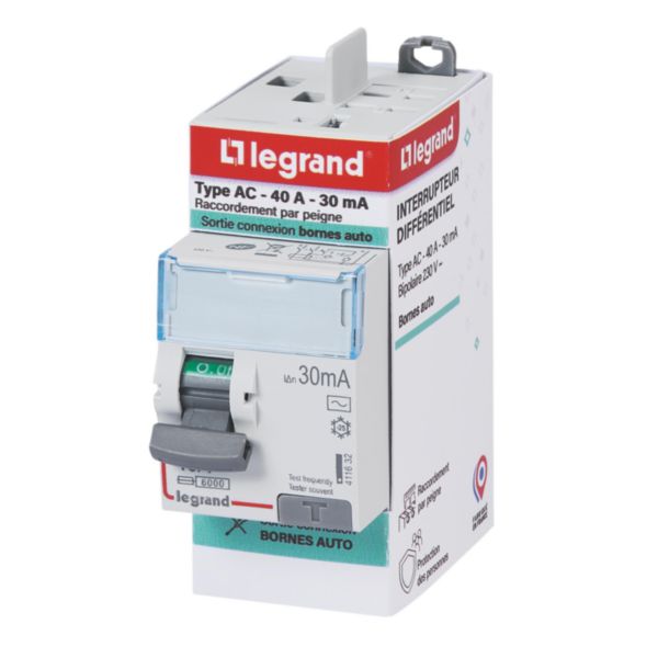 Interrupteur différentiel bipolaire - Type AC 30mA arrivée haut/départ haut par bornes automatiques 40A