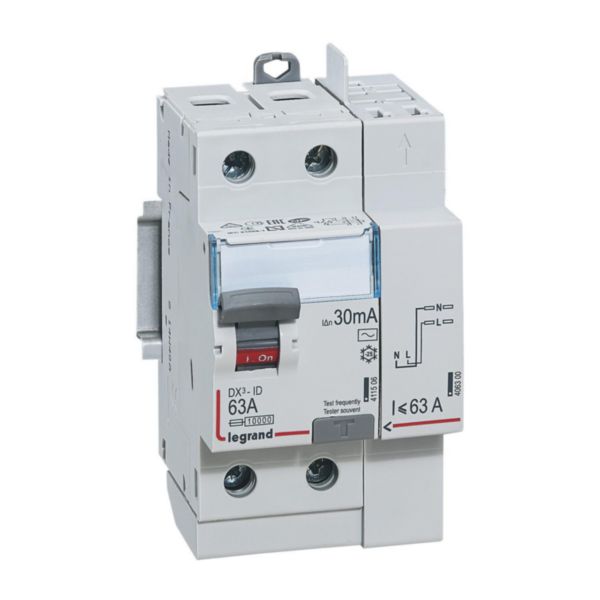 Interrupteur differentiel bipolaire - 2P - type AC 30mA arrivée haut/départ haut 63A