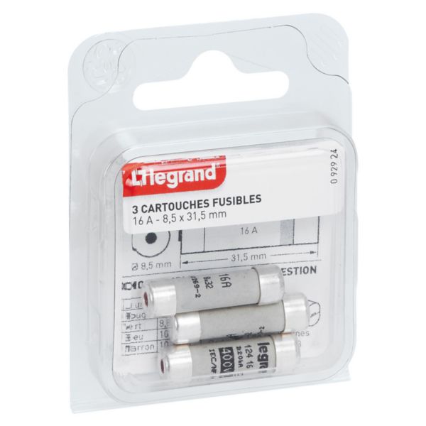 Cartouches fusibles pour porte-fusibles - avec témoin - 8,5x31,5mm - 16A