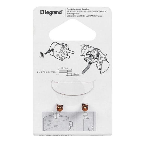 Fiche extra-plate mâle sans terre - 16A - sortie latérale - blister - blanc