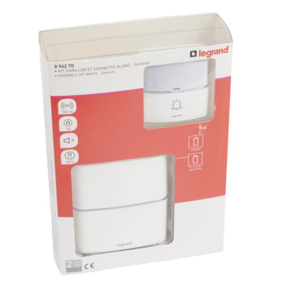Kit Serénité carillon et sonnette sans fils 30 mélodies + MP3 alimentation par piles - blanc