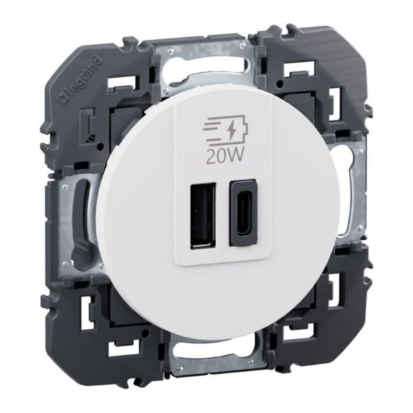 Prise USB Type-A+Type-C 20W Power Delivery dooxie - Blanc composable
