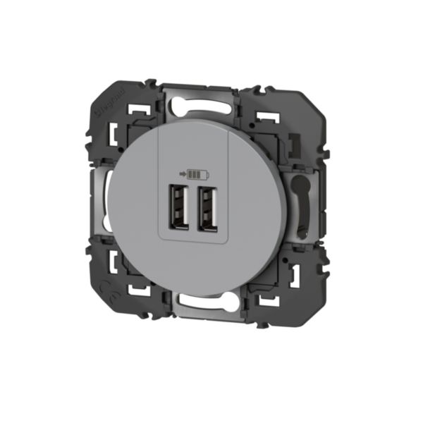 Prise double USB Type-A dooxie 3A 15W finition effet aluminium, à équiper d'une plaque de finition - emballage blister