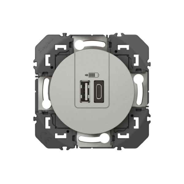 Prise double USB Type-A + Type-C dooxie 3A 15W finition effet aluminium, à équiper d'une plaque de finition - emballage blister