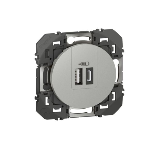Prise double USB Type-A + Type-C dooxie 3A 15W finition effet aluminium, à équiper d'une plaque de finition - emballage blister