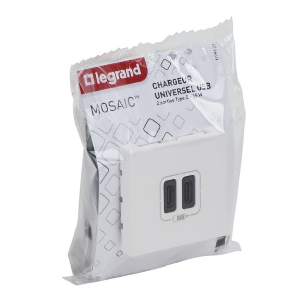 Legrand - Mosaic - Chargeur Simple USB Type-C - 3A - 30W Power Delivery - 2  Modules - Réf : 077585L - ELECdirect Vente Matériel Électrique