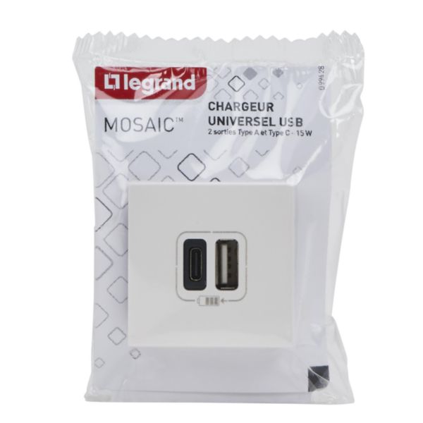 Prise double USB Type-A + Type-C Mosaic 3A 15W 2 modules - blanc