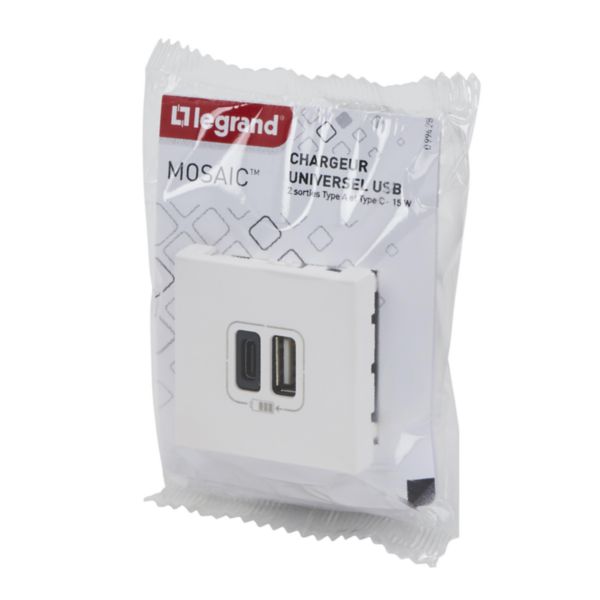 Prise double USB Type-A + Type-C Mosaic 3A 15W 2 modules - blanc